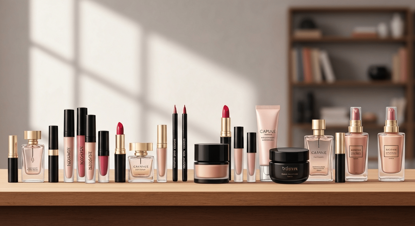 Cosmetics displayed on studio table