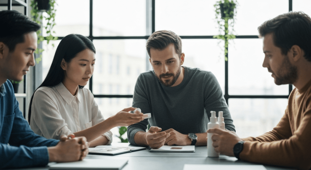 Entrepreneurs reviewing cosmetics